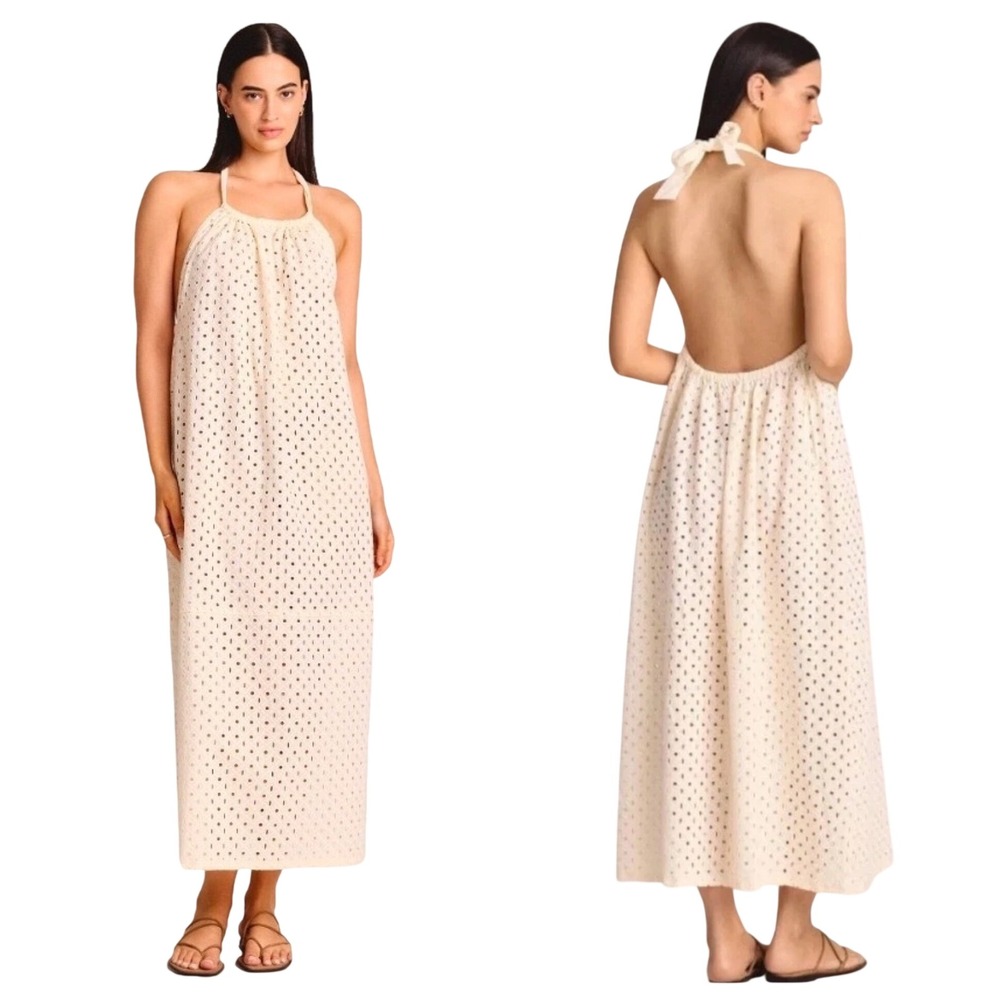 Vitamin A Womens XS Cream Cotton Eyelet Halter Open Back Maxi Dress Ecru Beach